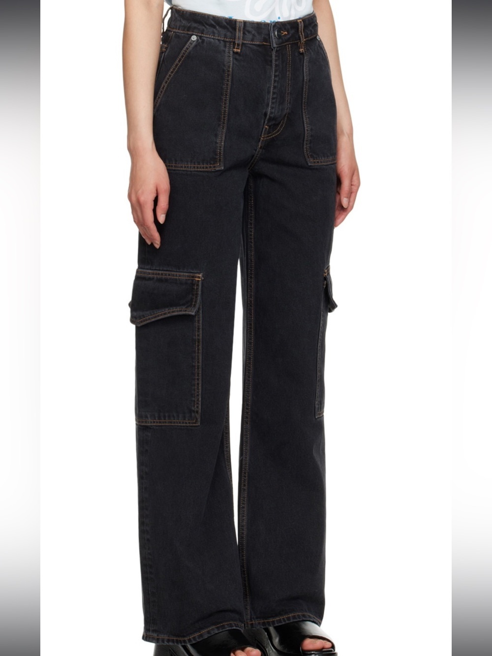 GANNI Washed Black Cargo Jeans Wide Leg Organic Cotton Womens Size 24 - Picture 2 of 9